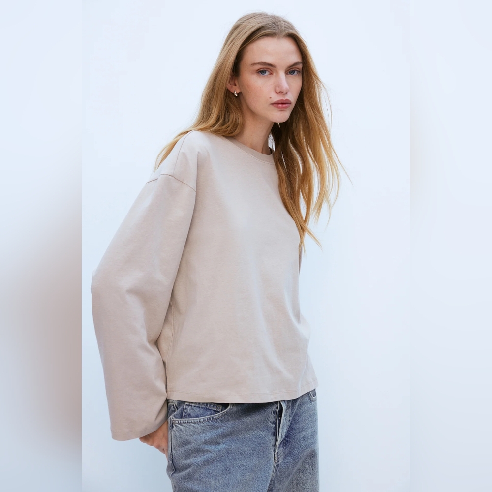 H&M Beige Long Sleeve Cotton Top